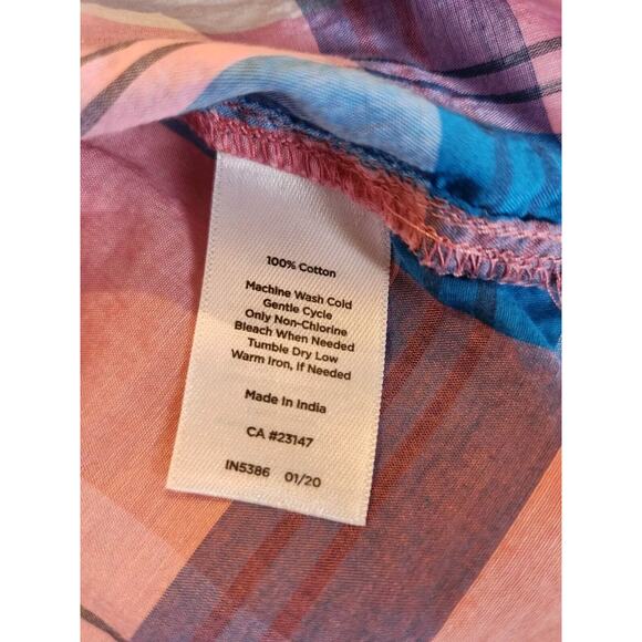 Talbots Cotton Popover Ruffle Blouse Pink Top Plaid Long Sleeve Size MP - Picture 7 of 7